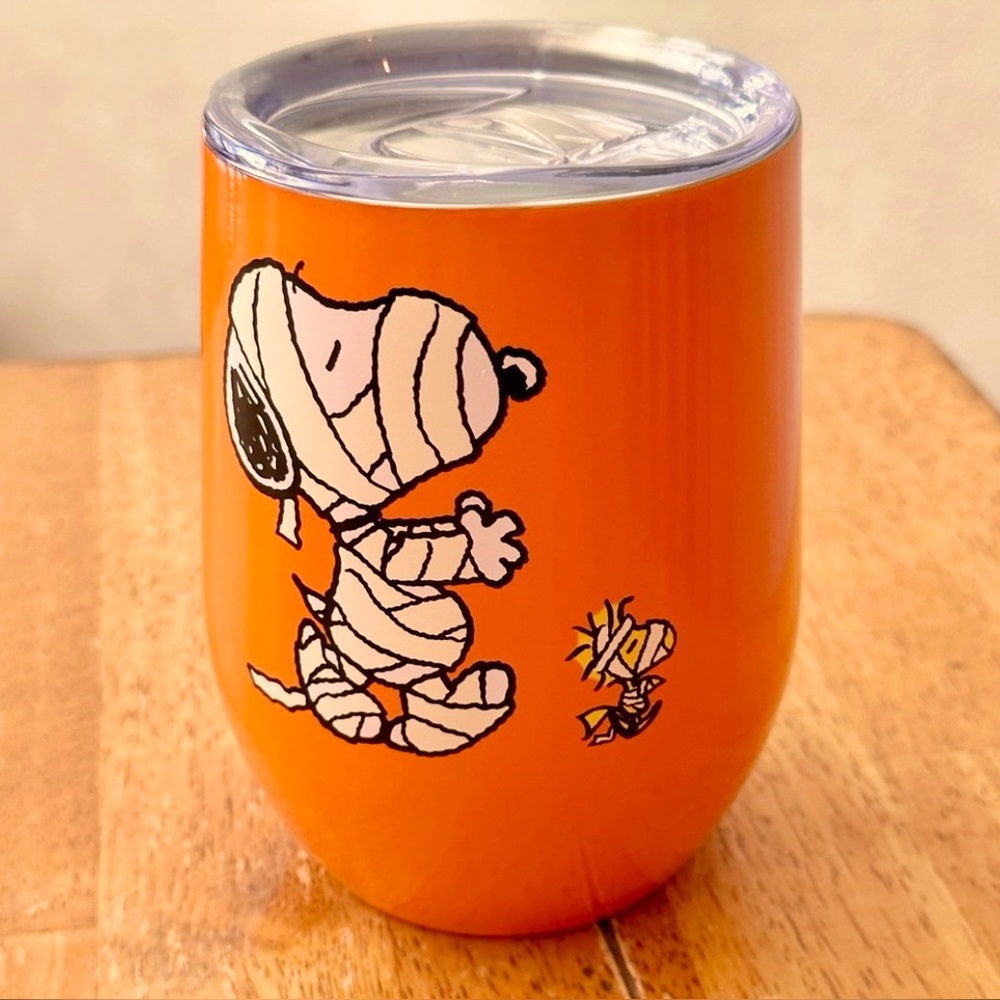 Peanuts Halloween Mummies Snoopy Woodstock Stainless Steel Wine Glass & Lid NEW!